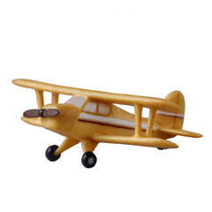 A detailed model of a yellow vintage airplane with intricate features, isolated on a white background for clarity.