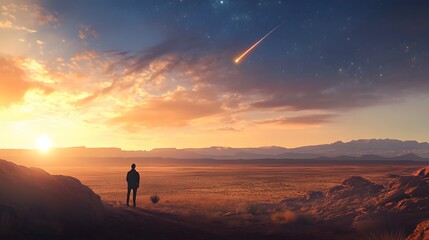 A lone traveler watching a comet in a vast desert at dusk