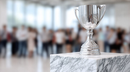 Shiny silver trophy on marble pedestal representing success, victory and accomplishment in sports, business or academic competition. Symbol of prestige, excellence and leadership.