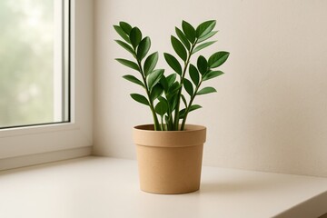 Obraz premium Zamioculcas plant in kraft pot near window with soft light great for eco interior concepts home decor and biophilic design visuals