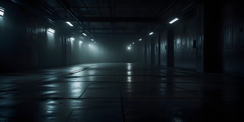 Dark Empty Industrial Hallway with Reflections and Moody Lighting – Futuristic Underground Space Concept