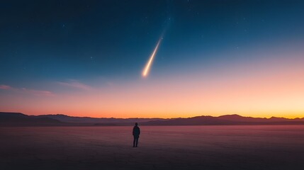 A lone traveler watching a comet in a vast desert at dusk
