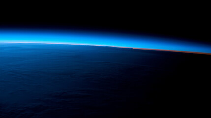 Aerial view of Earth's atmosphere with glowing blue ozone layer and dark gap symbolizing depletion, environmental protection and climate change awareness concept.