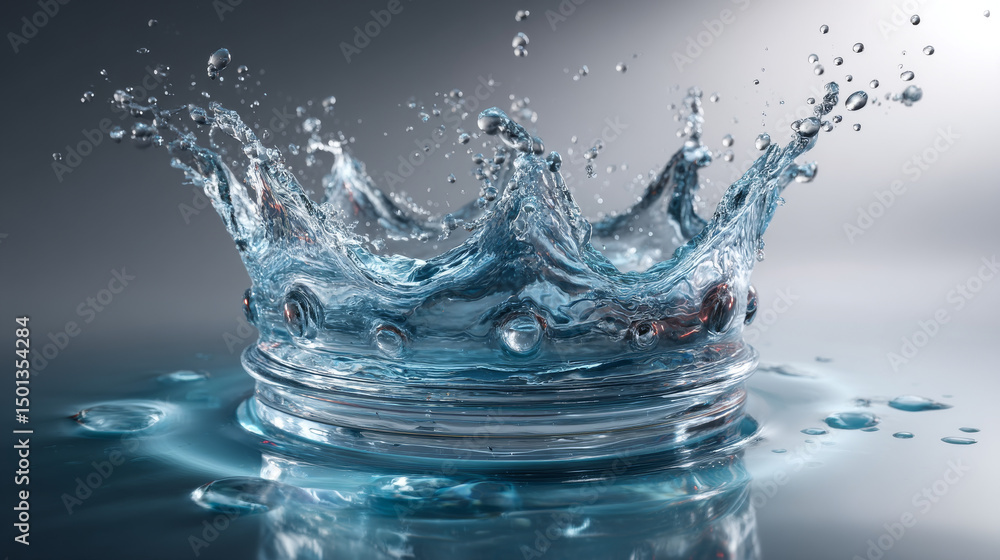 Poster water splash set. aqua liquid in shape of crown and dynamic motion elements with spray droplets side