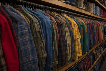Obraz premium Variety of second-hand shirts hanging on racks in a clothing store during bustling shopping hours