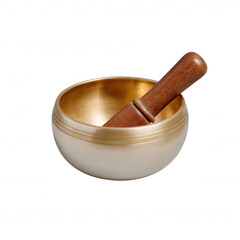 A peaceful Tibetan singing bowl with a wooden mallet, perfect for meditation and relaxation, set against a white isolated background.