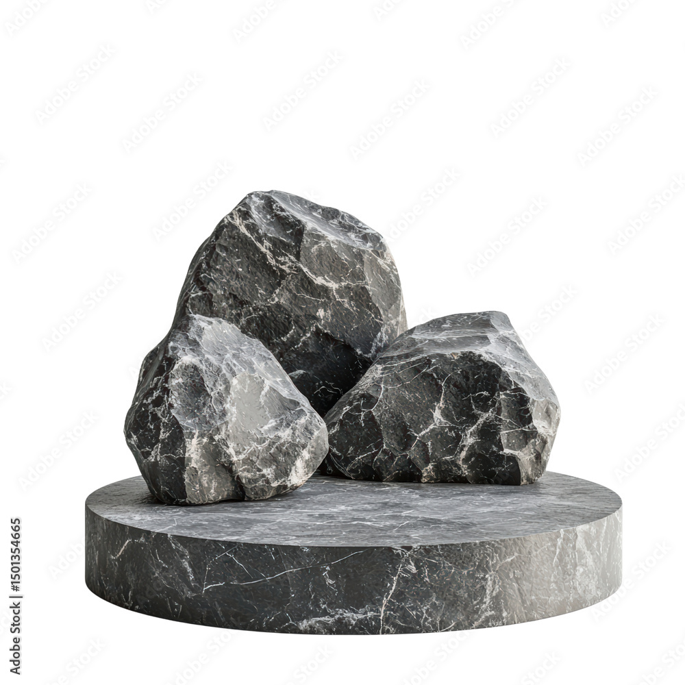 Poster set of three dark, textured rocks arranged on circular stone base, showcasing natural patterns and c