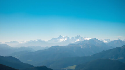 A breathtaking mountain range under a clear blue sky, with snow-capped peaks and a lush green valley below, ultra-HD, natural lighting, ideal for travel and adventure themes