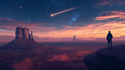 A lone traveler watching a comet in a vast desert at dusk