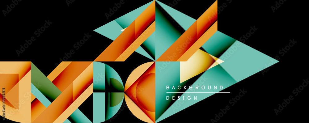Poster abstract geometric shapes create dynamic composition. orange, teal hues contrast against black backg