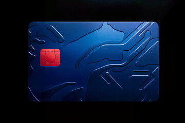 Elegant blue credit card featuring a red chip on a dark background. Metallic payment method with abstract design.