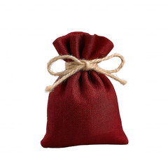 A small red fabric bag tied with twine on a white isolated background, perfect for gifting or decorative purposes.