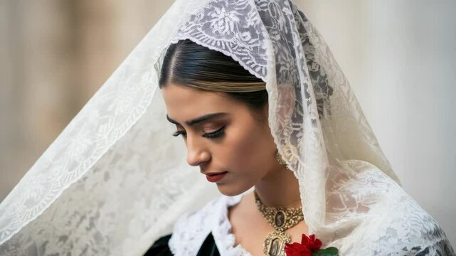 Woman in traditional lace veil looking down thoughtfully