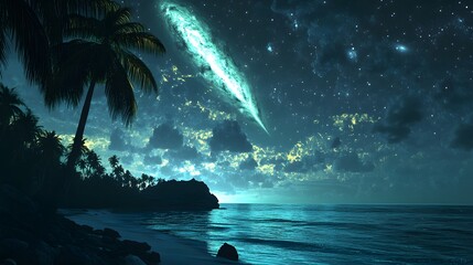 Bright green comet above a tropical island during a meteor shower