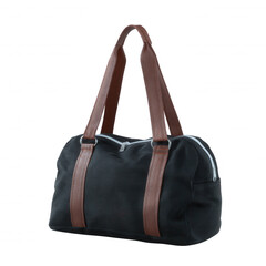 A stylish black duffel bag with brown leather straps, perfect for travel or gym. The bag features spacious compartments and a sleek design, ideal for active individuals.
