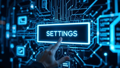 A hand poised to touch a glowing blue SETTINGS button displayed on a high-tech digital interface filled with intricate circuit patterns, symbolizing the interaction between users and technology.
