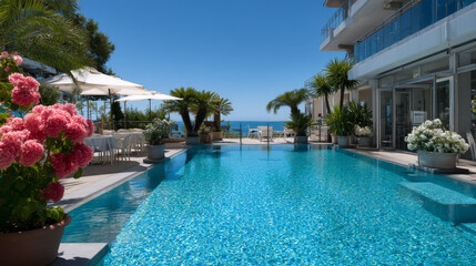 Fototapeta premium Choose best hotel isometric landing page, booking service for tourists, building exterior with accommodation options as pool, wi-fi, family room, breakfast, parking and sea view, 3d vector web banner