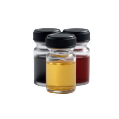 A trio of small glass jars containing vibrant sauces, featuring a golden yellow sauce, a dark black sauce, and a rich red sauce, presented on a white isolate background.