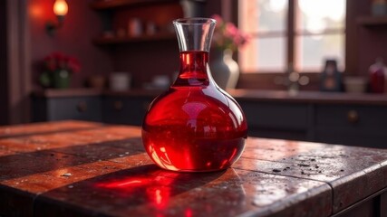 flask with red liquid on the table