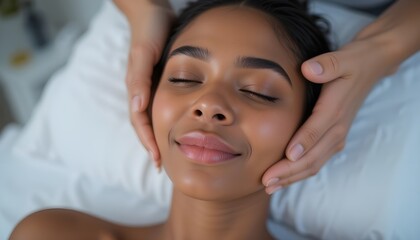 A soothing aromatherapy face massage is enjoyed by the young African-American woman.