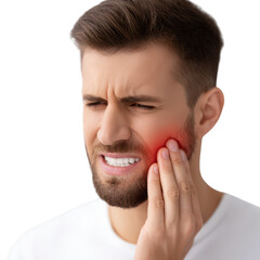 Obraz premium A young man holds his jaw in pain, expressing discomfort due to a dental issue. His expression portrays stress and distress.