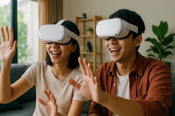 Couple enjoying virtual reality technology.