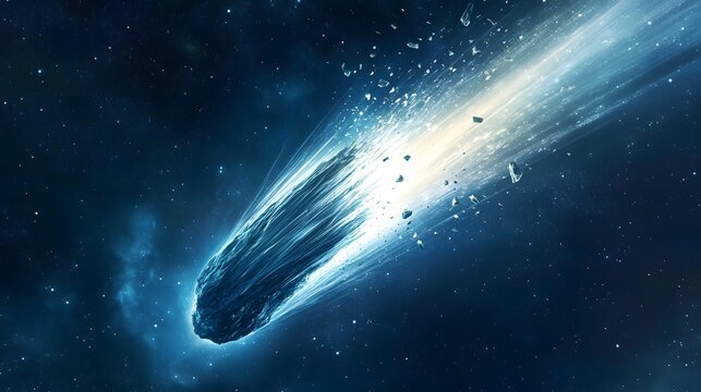 A comet breaking apart in deep space, scattering fragments - Powered by Adobe