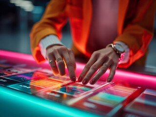 Woman using both hands to navigate vibrant digital content on wide interactive screen surface