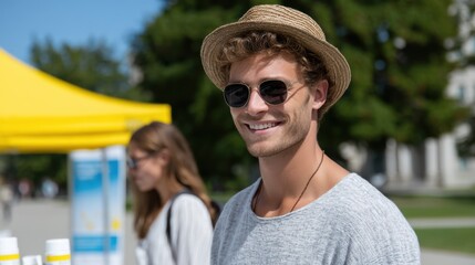 sun safety campaign, college student distributing sunscreen samples and uv awareness flyers, highlighting sun safety at a booth on campus during awareness month