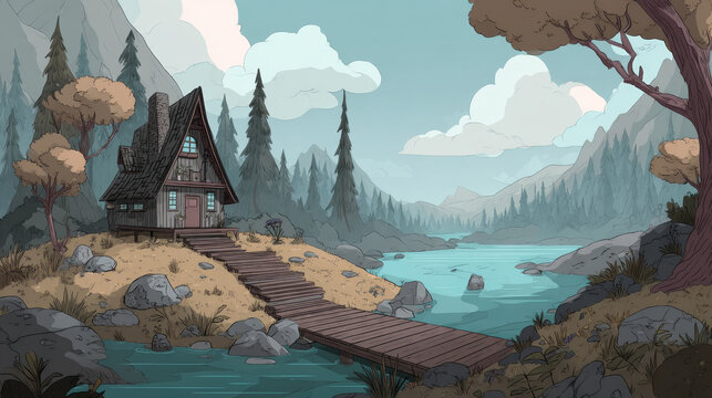House in forest near lake cartoon background illustration. Summer cabin exterior near river. Rural shack construction near wooden dock in jungle. Small cottage on riverside for adventure picture