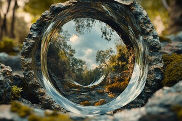 Obraz premium Unique view through tree bark showcasing a quiet lake reflecting autumn foliage and dramatic clouds at sunset
