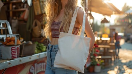 A modern-day eco-warrior strolls through the market, carrying her reusable cloth bag — a small yet powerful step toward protecting our planet.