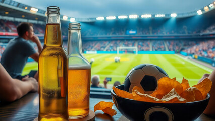Cold beer and chips against the backdrop of a football and stadium. The atmosphere of the match, a delicious snack and drink - everything for a perfect evening.