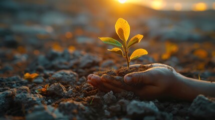 A child's hands gently cradle a vibrant green seedling, ready to be planted into the dry, cracked earth //a symbol of hope and the power to change the world.
