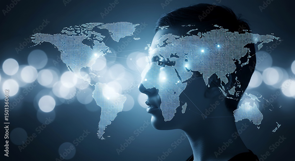 Poster conceptual image of a human head with a world map overlay representing global connectivity