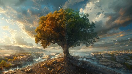 Amidst a landscape perfectly divided in half, a solitary tree stands at the center — one side lush and green, the other withered and lifeless.