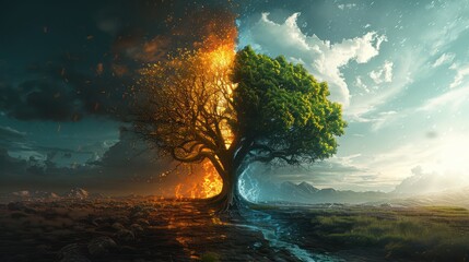Amidst a landscape perfectly divided in half, a solitary tree stands at the center — one side lush and green, the other withered and lifeless.