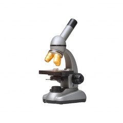Detailed microscope on a white isolated background, showcasing its features and design for educational and scientific purposes.