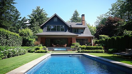Exterior view of a stylish house with a pool and garden.