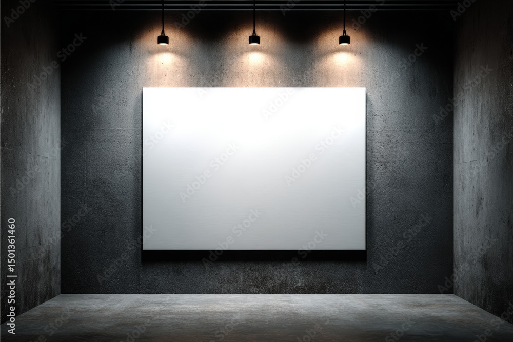 Poster blank white canvas on a dark wall illuminated by three overhead spotlights in a minimalistic gallery