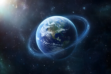 Obraz premium Global network connection orbiting Earth, space background, futuristic communication