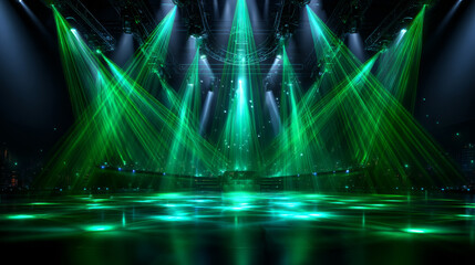 Laser show background with light beams at night. Abstract spotlight rays. Green glow beams on disco party in club or music concert, vector realistic illustration