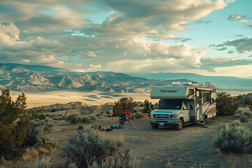Obraz premium Holiday trip on large family motorhome for holiday in beautiful natural nature, abstract vivid composition consists of fictional unreal fantastic vision on background
