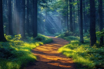 Fototapeta premium Early Morning Light Shining Through Cedarwood Forest Trail