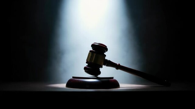 Wooden gavel on block under spotlight with dark background