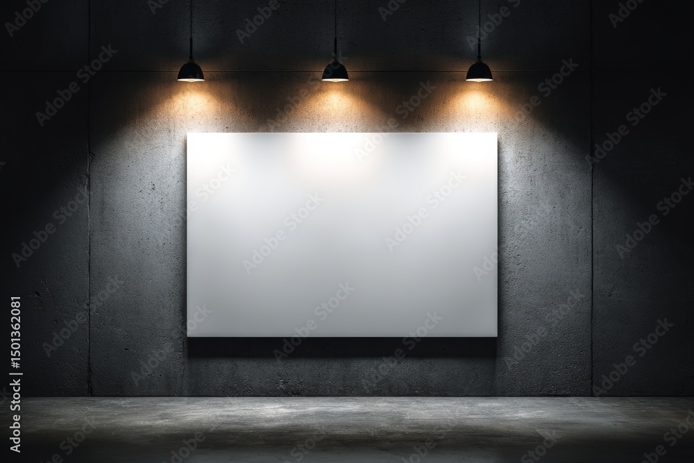 Poster blank white canvas on a dark wall illuminated by three overhead spotlights in a minimalistic gallery
