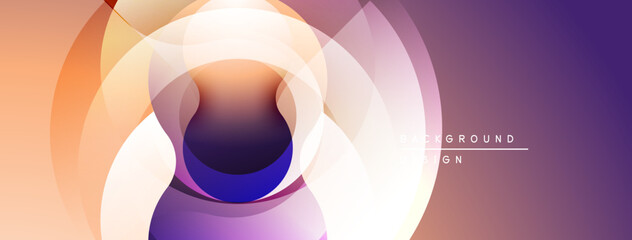 Abstract circles overlap, creating vibrant gradients. Orange, purple hues dominate design. Modern, smooth aesthetic.