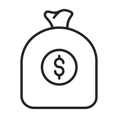 Simple outline shows a sack full of money with a dollar sign, representing wealth and economic prosperity in a vector image.