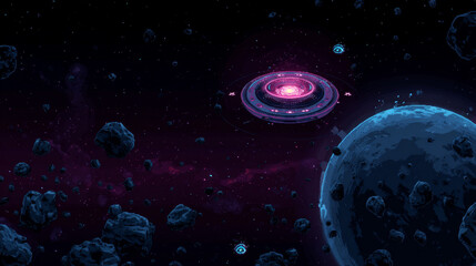 Space game ui level map with planet vector galaxy background. Alien ufo for 2d arcade mobile videogame flying near asteroid in cosmos for high score. Childish adventure app route landscape design