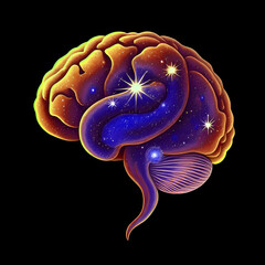 Surreal abstract illustration of a human brain filled with glowing stars and cosmic elements on a black background. Represents imagination, intelligence, creativity, and the universe of the mind